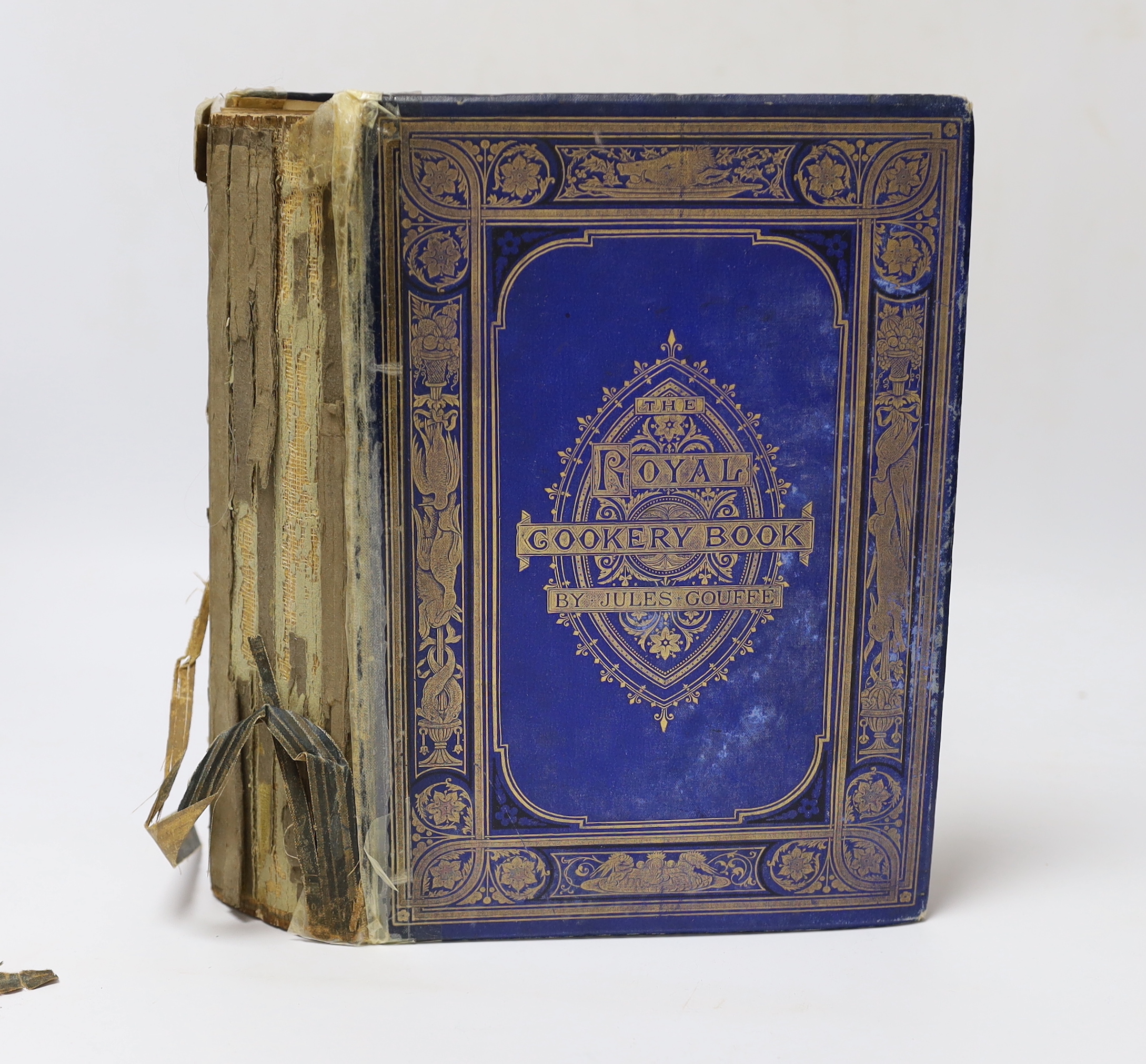 Gouffe, Jules - The Royal Cookery Book (Le Livre de Cuisine)…Translated from the French and adapted for English use by Alphonse Gouffe, new edition, 4to, original gilt blocked blue cloth, spine detached and very worn, wi